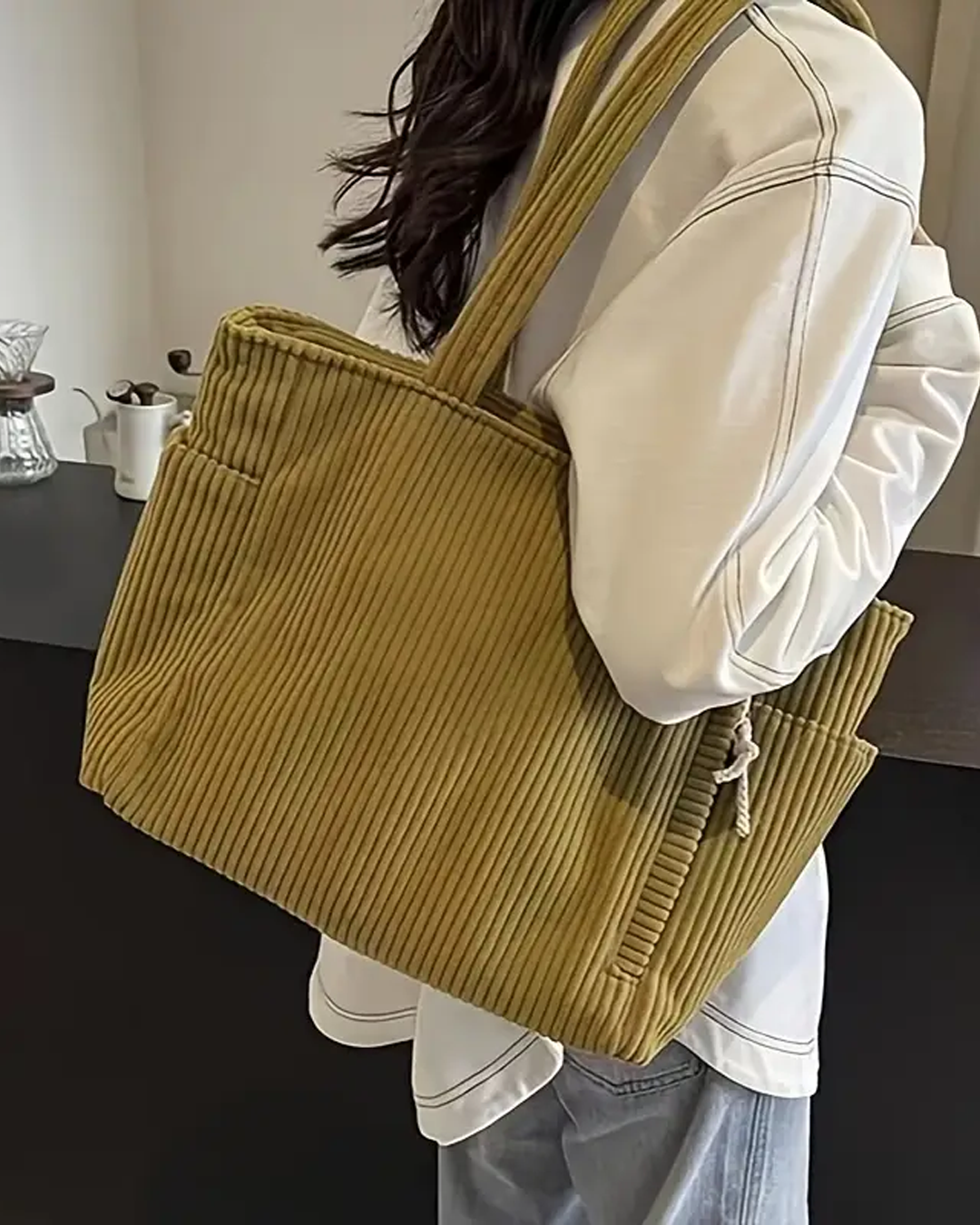 Geribde Draagtas Dames met Koorddetail – Herfst Shopper