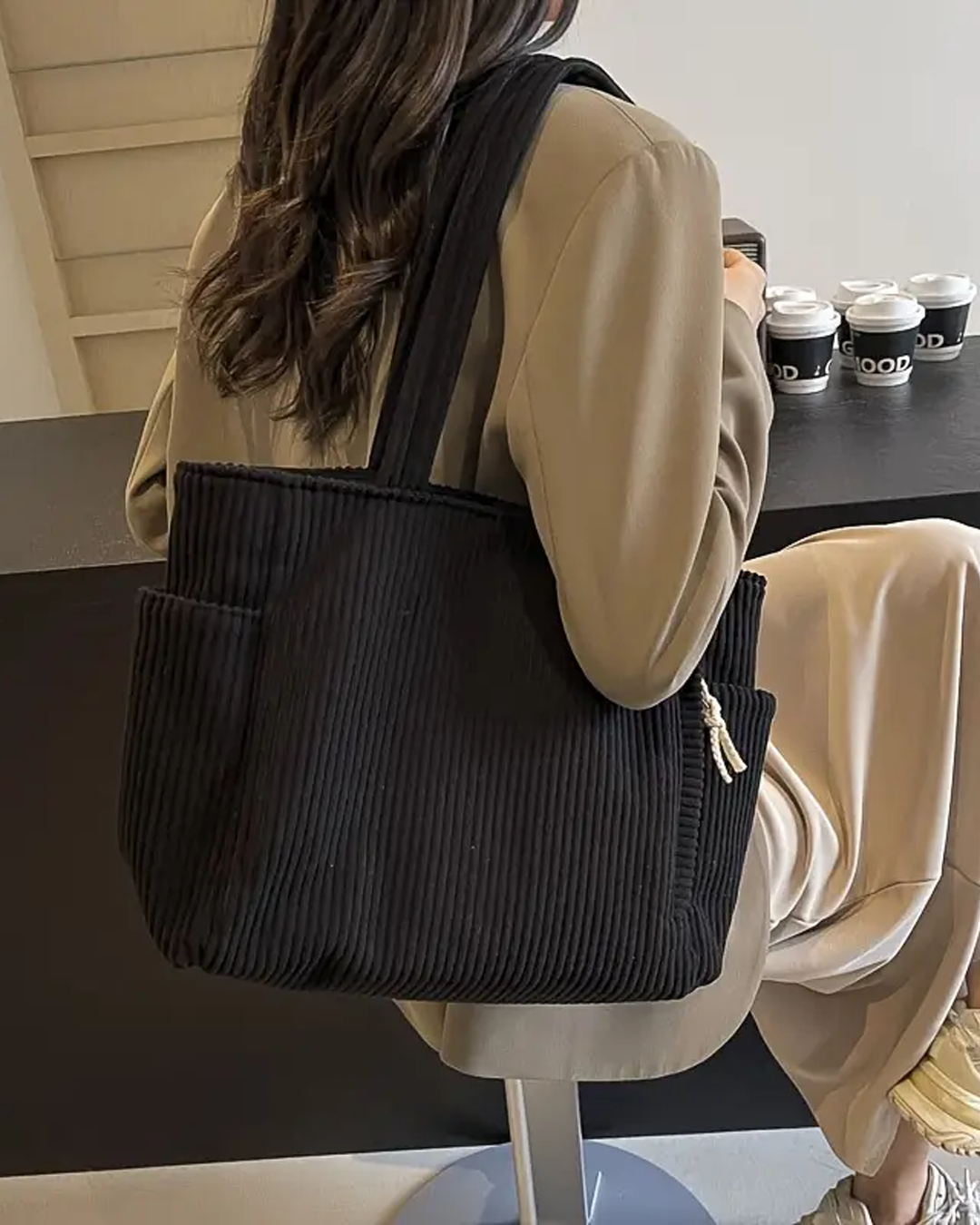 Geribde Draagtas Dames met Koorddetail – Herfst Shopper